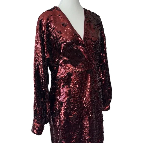 NWT TED BAKER $495 Emmalee Burgundy Sequin Midi Dress Plunge Neck Glam Party